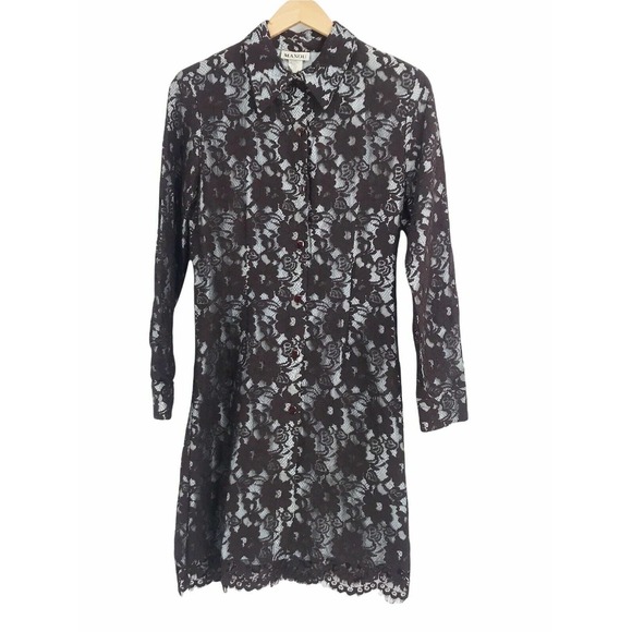 VINTAGE MAXOU WOMNEN'S SIZE 10 BROWN LONG SLEEVE BUTTON FRONT FLORAL LACE DRESS - Picture 2 of 8